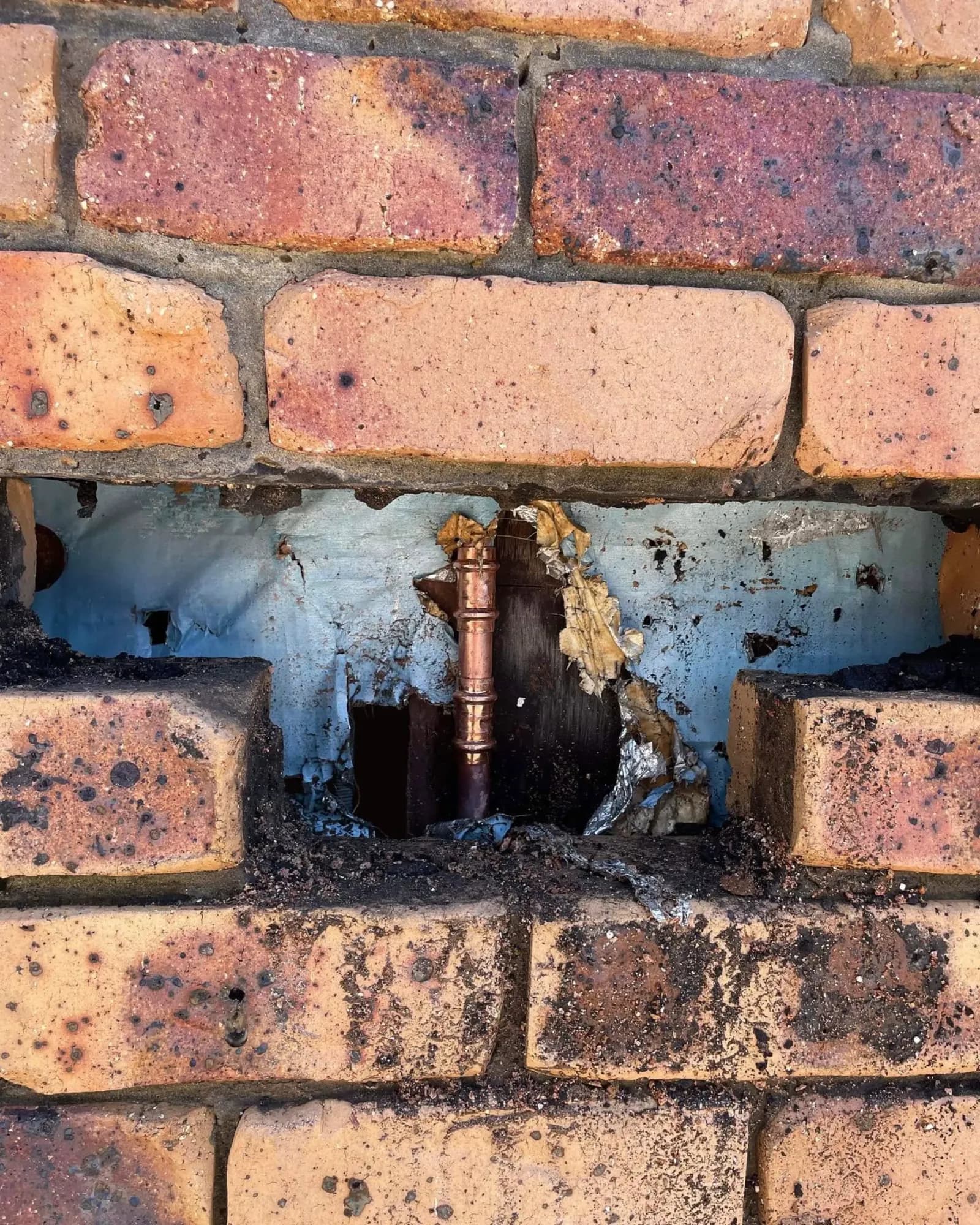 Leaking copper pipe exposed through a cut-out in a brick wall