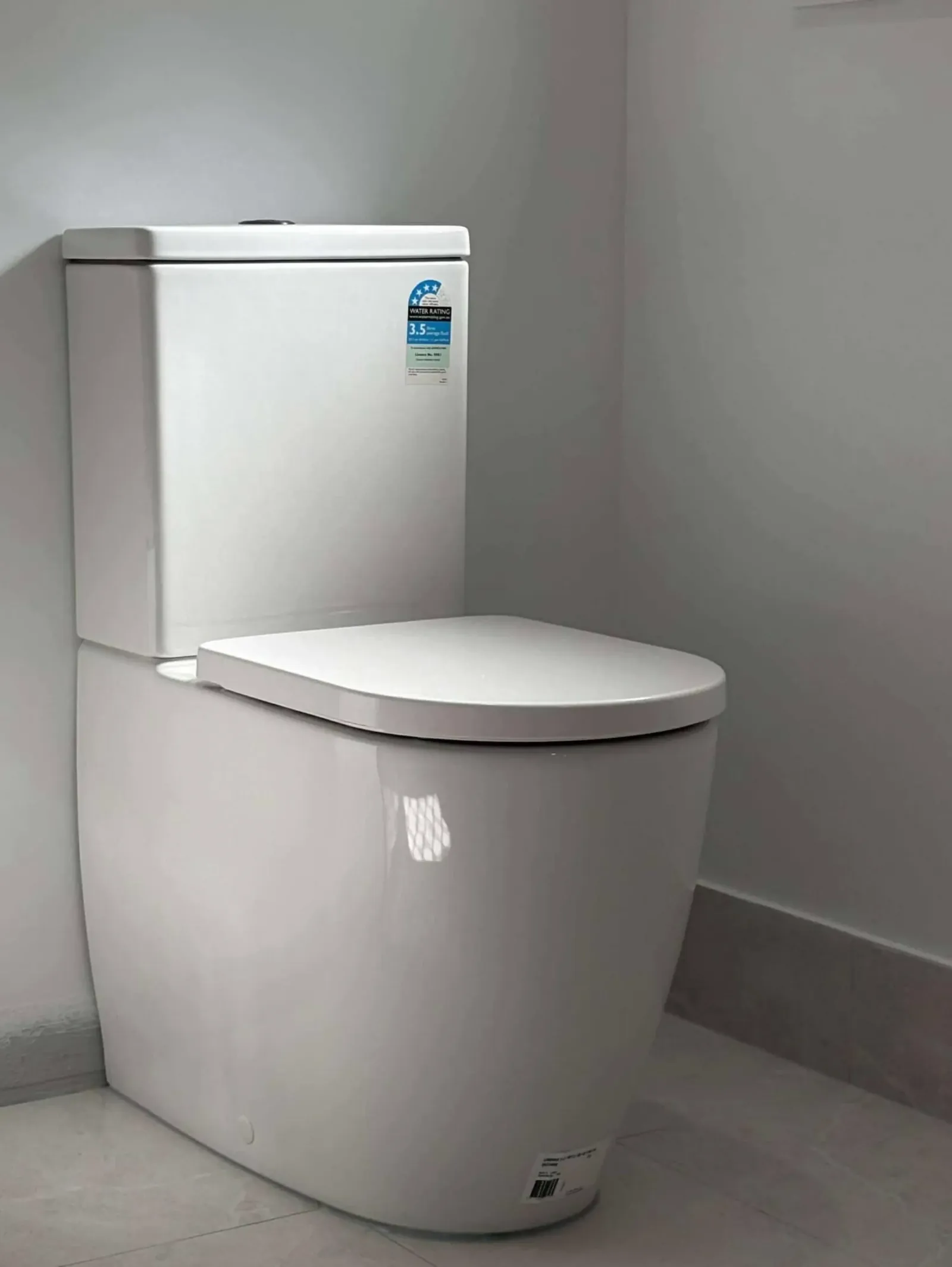 New water-efficient toilet with its WELS rating label